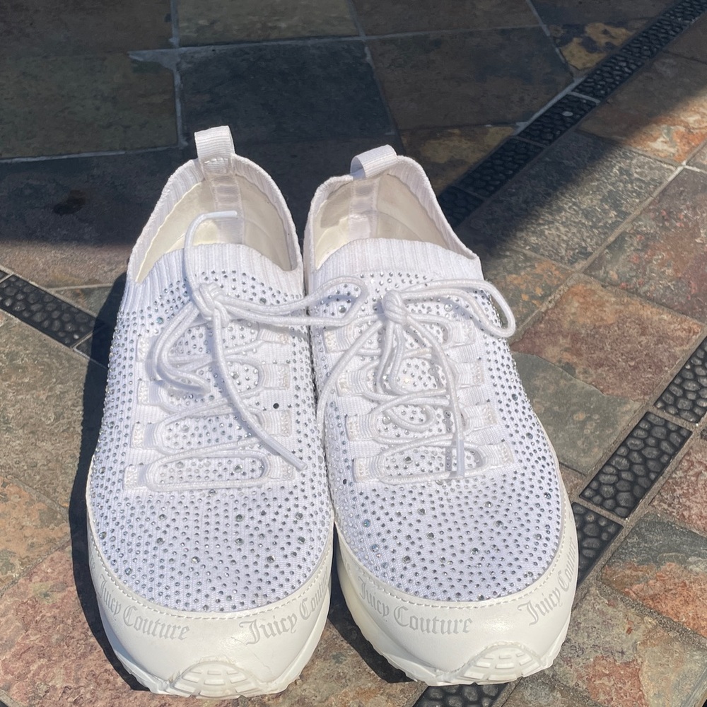 Juicy Couture Bellamy White Rhinestone Knit Lace-Up Slip-On Sneakers Wmn’s Sz 9
